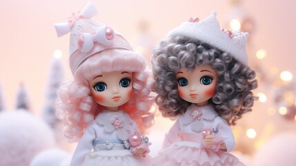 Fototapeta premium Illustration of two beautiful dolls in pastel colors on a simple background