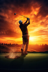 person playing gold at sunset illustration, man golfing - obrazy, fototapety, plakaty