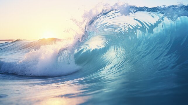 Big wave at sunset. Great sea wave. Light bronze and dark blue.
