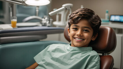 A smiling young indian boy in a dental chair. Examination by a dentist. - obrazy, fototapety, plakaty