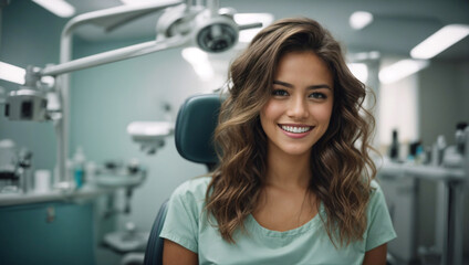 A smiling young woman in a dental chair. Examination by the dentist or cosmetic procedure (skin cleaning) - obrazy, fototapety, plakaty