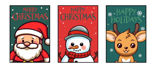 Vector Cartoon Character Set Collection: Delightful Snowman, Santa Claus, and Reindeer for Merry Christmas Greeting Cards