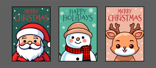 Festive Set Collection of Snowman, Santa Claus, and Reindeer Vector Cartoon Characters for Merry Christmas Greeting Cards