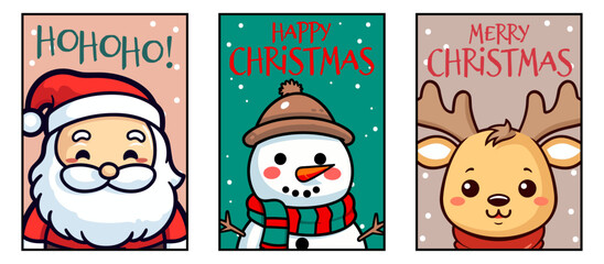 Vector Cartoon Character Set Collection: Snowman, Santa Claus, and Reindeer for Festive Merry Christmas Posters