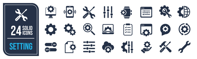 Setting solid icons collection. Containing setup, gear, tool, configuration icons. For website marketing design, logo, app, template, ui, etc. Vector illustration. - obrazy, fototapety, plakaty