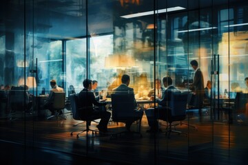 People in glass offices working in a conference room. Business meeting. Team of professionals.