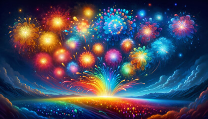 Obraz premium Rainbow-hued fireworks bloom in the night sky, casting a joyful glow over a panoramic midnight blue canvas, speckled with distant stars...