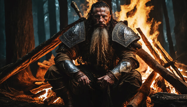 A courageous hero in battle armor, seated by a campfire, prepares for danger with medieval fantasy flair. Perfect for fantasy adventure