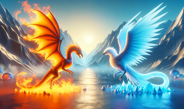 Fiery dragon meets an ice phoenix in mountainous terrain, highlighting camaraderie between extremes.