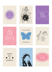 Set of positive social media quotes, motivation posters on trendy abstract background in neutral colors