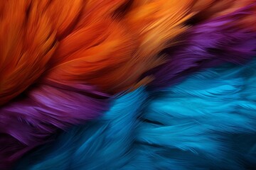Blue, purple and orange feathers backdrop. Luxurious fibers, dark orange and light cyan background.