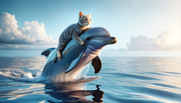 Playful dolphin carries a curious cat across the ocean, a heartwarming testament to friendship's reach beyond boundaries.