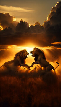 Lions battling close up, lion fight