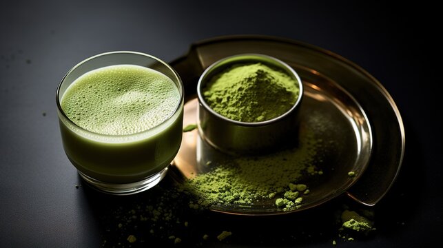 Generative AI, Green matcha tea powder and drink, muted neutral colors. Traditional Japanese tea
