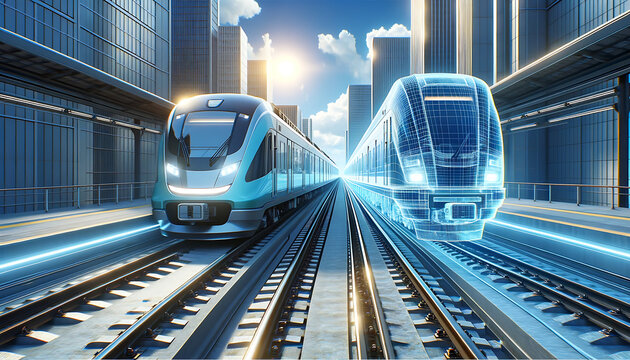 Digital twin concept of train. Wireframe rendering of train and mirrored physical body side by side. 3d rendering and holographic representation on a futuristic urban background.