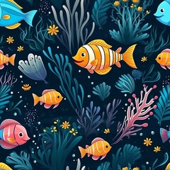 Fototapeta na wymiar Cartoon Underwater Ocean Adventures Pattern