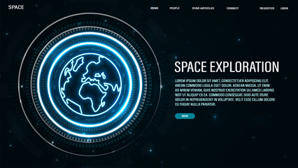 A web banner with a bright neon halogen planet earth in a glowing frame on a dark blue background with text. A concept for cosmonautics, artificial intelligence, technology, science and space.