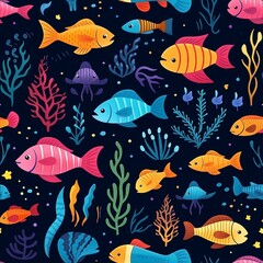 Naklejka premium Cartoon Underwater Sea Creatures Pattern