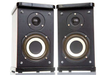 two stereo audio speakers on a white background. sound and media