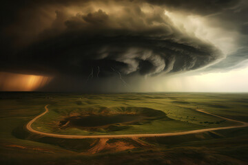 Supercell Thunderstorm Over Prairie Landscape with Lightning Strikes