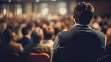 A speaker addressing an audience in an auditorium during a seminar, viewed from behind, showcasing the educational interaction.