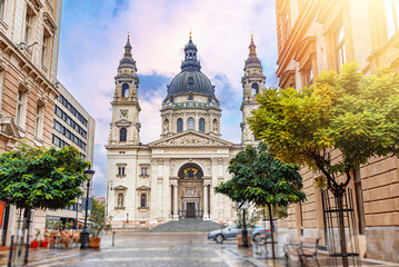 St. Stephen's Basilica in Budapest, Hungary at night. Roman catholic cathedral. Inscription I am...