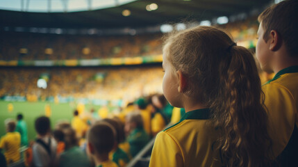 Fototapeta na wymiar A young girl in yellow and green attire watches the Australian team at the Women's World Cup from the stadium, with a blurred background.