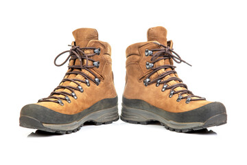 Trekking boots for hiking on a white background. Equipment for travel and hiking