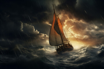 sail boat in a storm, stormy sailboat, sailing, ocean, sailing through a storm - obrazy, fototapety, plakaty