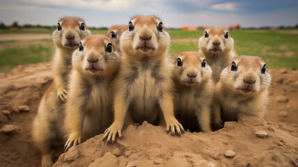 A cute group of curious prairie dogs on a mound of dirt.