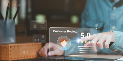 Business owners check responses customer reviews, sell things online ,consumers opinion, and rated satisfaction ,Guaranteed by customers online ,Quality Assessment ,rate and review ,positive marketing - obrazy, fototapety, plakaty