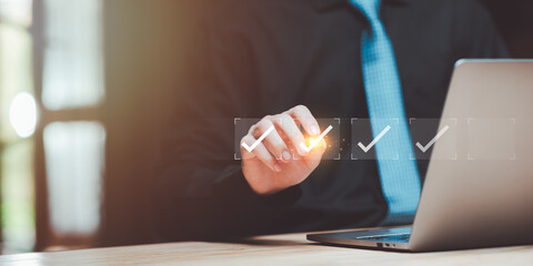 concept of marking survey topics ,checkbox to conduct opinion and quality surveys or satisfaction ,Checklist with checkmarks and checkboxes ,online quality assessment ,answering questionnaires