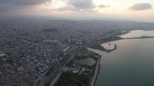 Aerial harbor and park in Samsun city center 4K