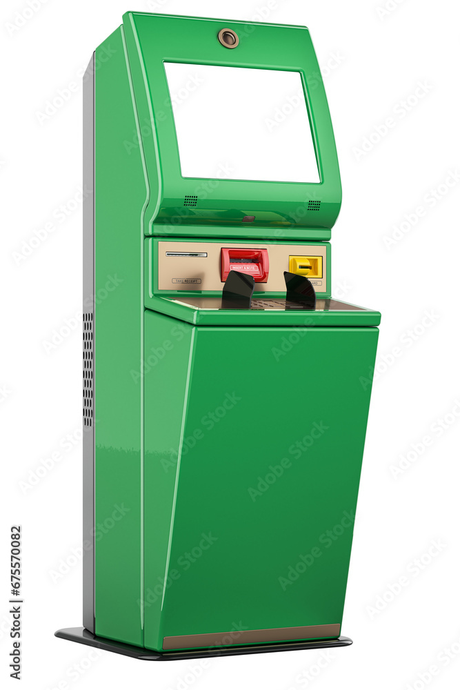 Poster digital touchscreen terminal. financial services kiosk, 3d rendering isolated on transparent backgro