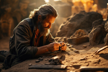 An archaeologist carefully excavating ancient artifacts, unraveling the mysteries of history. Concept of archaeology and exploration. Generative Ai.