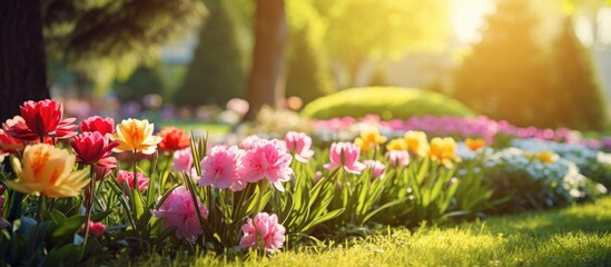 In the spring with a lush green grass background colorful flowers bloom under the vibrant sun in the nature filled garden creating a picturesque scene of health and vitality - obrazy, fototapety, plakaty