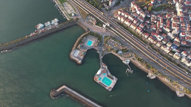 Aerial harbor and park in Samsun city center 4K