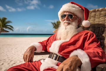 An elderly man with a white beard in a Santa Claus costume sunbathes on a sandy tropical beach - obrazy, fototapety, plakaty
