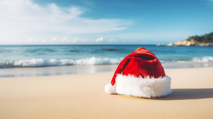 Red Christmas Santa Claus hat on a sandy tropical beach near the ocean