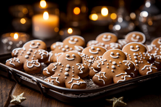 Traditional ginger Christmas cookies in the shape of a person on a platter on a wooden tabletop