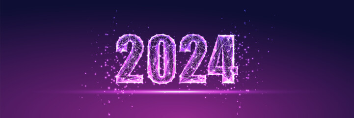 Abstract 2024 New Year digital web banner template. Futuristic greeting card on purple background