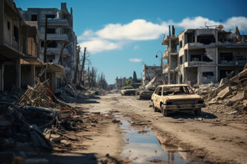 Fototapeta premium A war-torn neighborhood, underscoring the devastating consequences of conflict. Generative Ai.