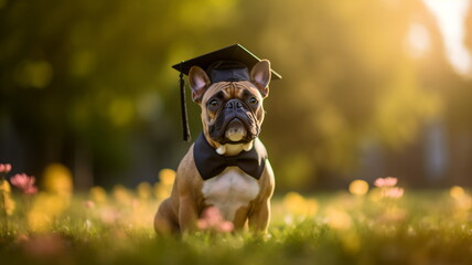 Serious cute french bulldog dog wearing graduation cap outdoors. Education in university or school concept.  