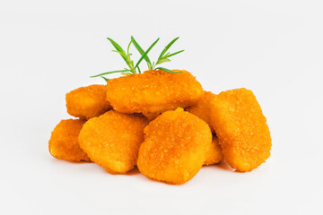 Chicken Breaded Fillet.Fast food. Breaded Chicken Inner Fillet on a White Background,Chicken Breaded Raw Meat. Fast cooking. Breaded chicken nuggets. Homemade food at home.
