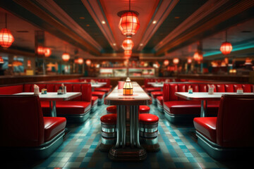 A classic American diner with checkered floors and neon signs, representing the quintessential...