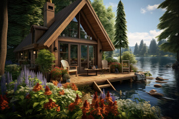 A peaceful lakeside cabin surrounded by nature, highlighting the American tradition of weekend...