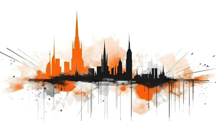 A dynamic depiction of a modern city skyline, with orange and black colors - Generative AI