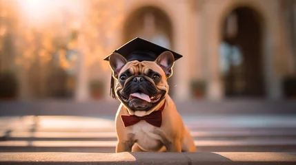 Foto op Plexiglas Franse bulldog Happy smiling french bulldog dog wearing graduation cap and red bow tie on student campus background. Education in french university or high school concept.  