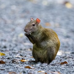 An agouti eating on a road.