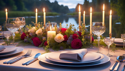 Set festive table outdoors for a wedding, outdoor celebration.
